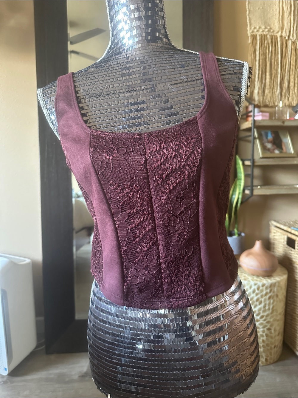 Shyanne Burgundy Lace-Panel Crop Camisole